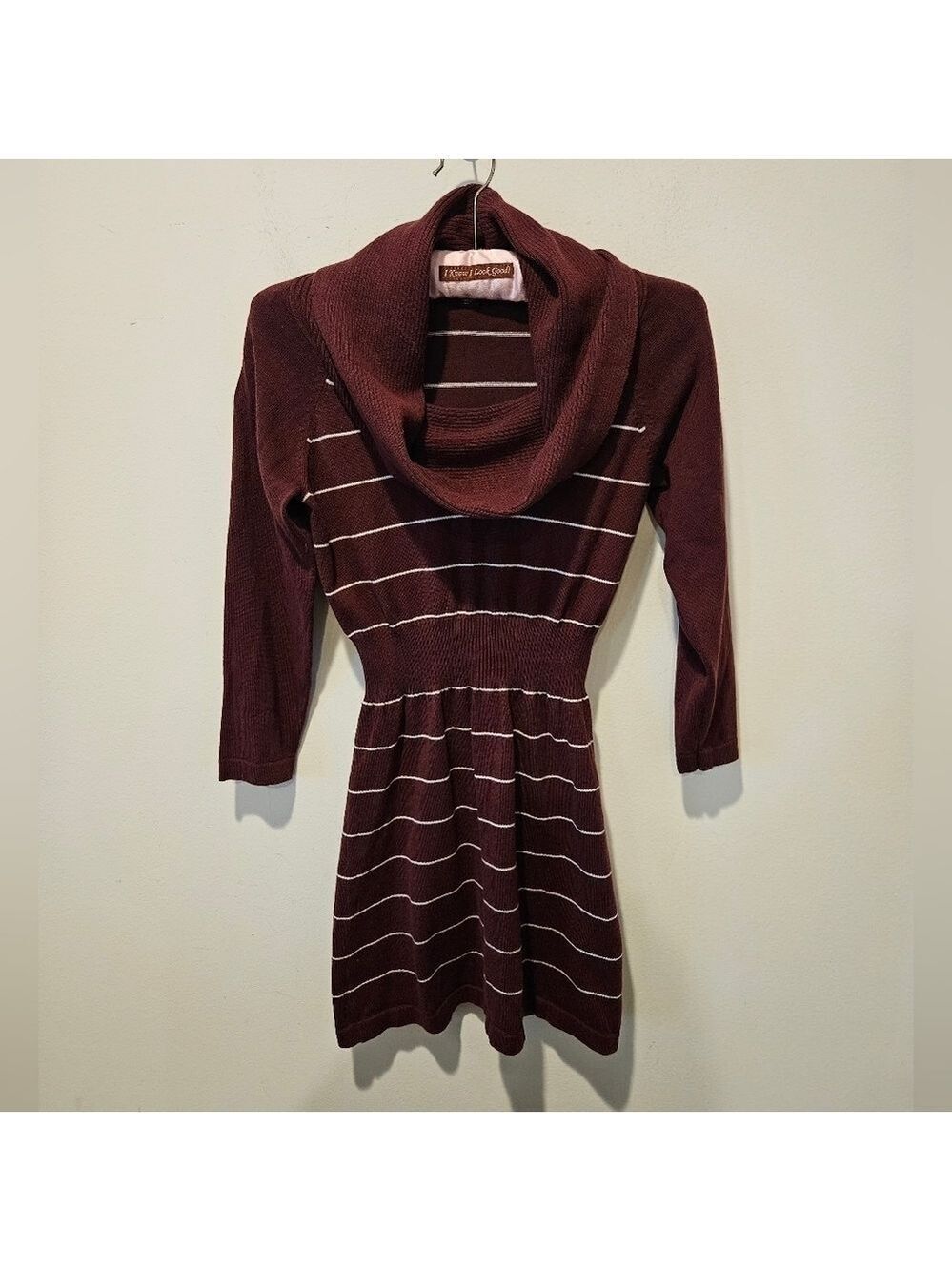 METAPHOR WOMEN'S BURGANDY/WHITE COWLNECK KNIT TUNIC OR MINI SWEATER DRESS SIZE S